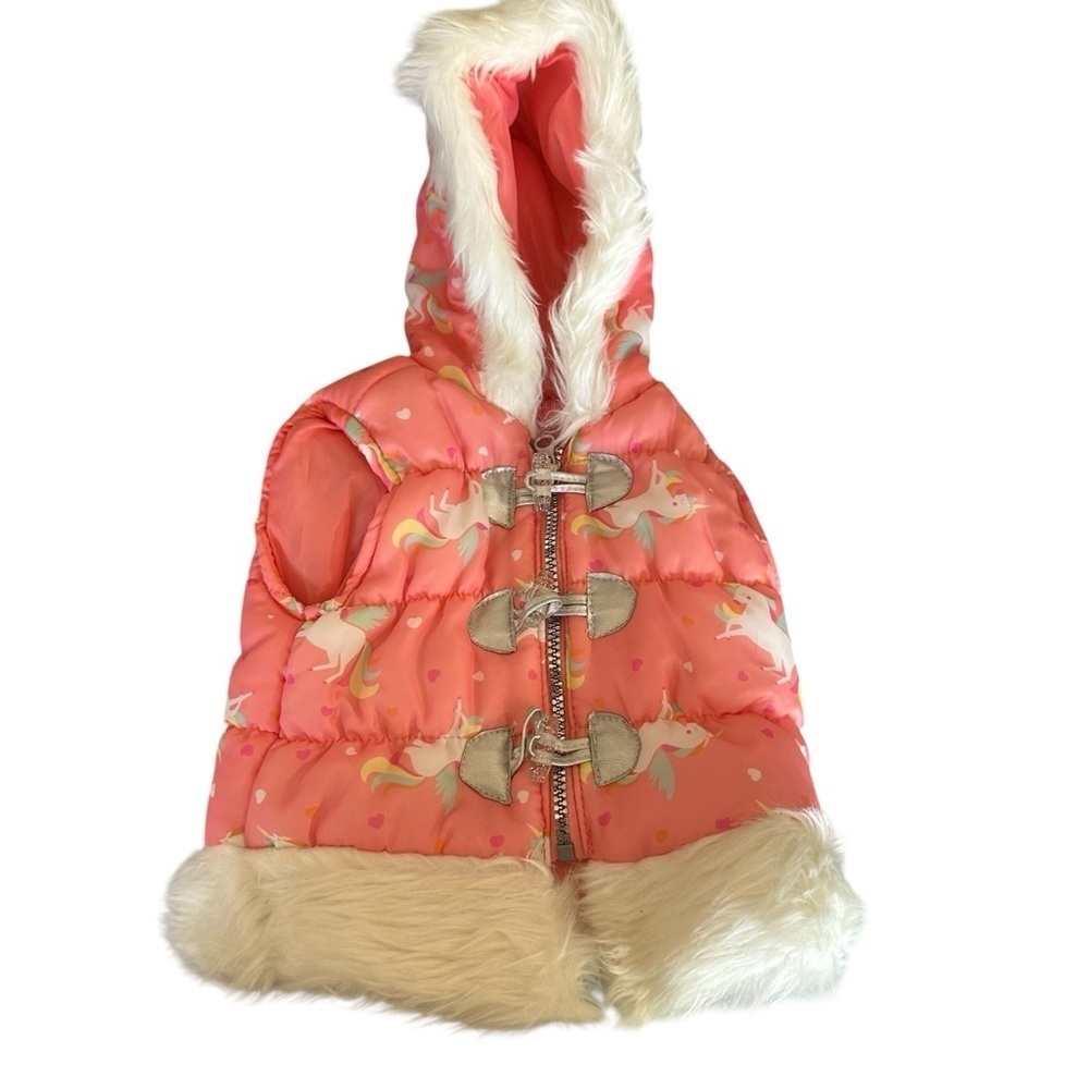 Little Lass Coral Unicorn Puffer Vest with Faux Fur